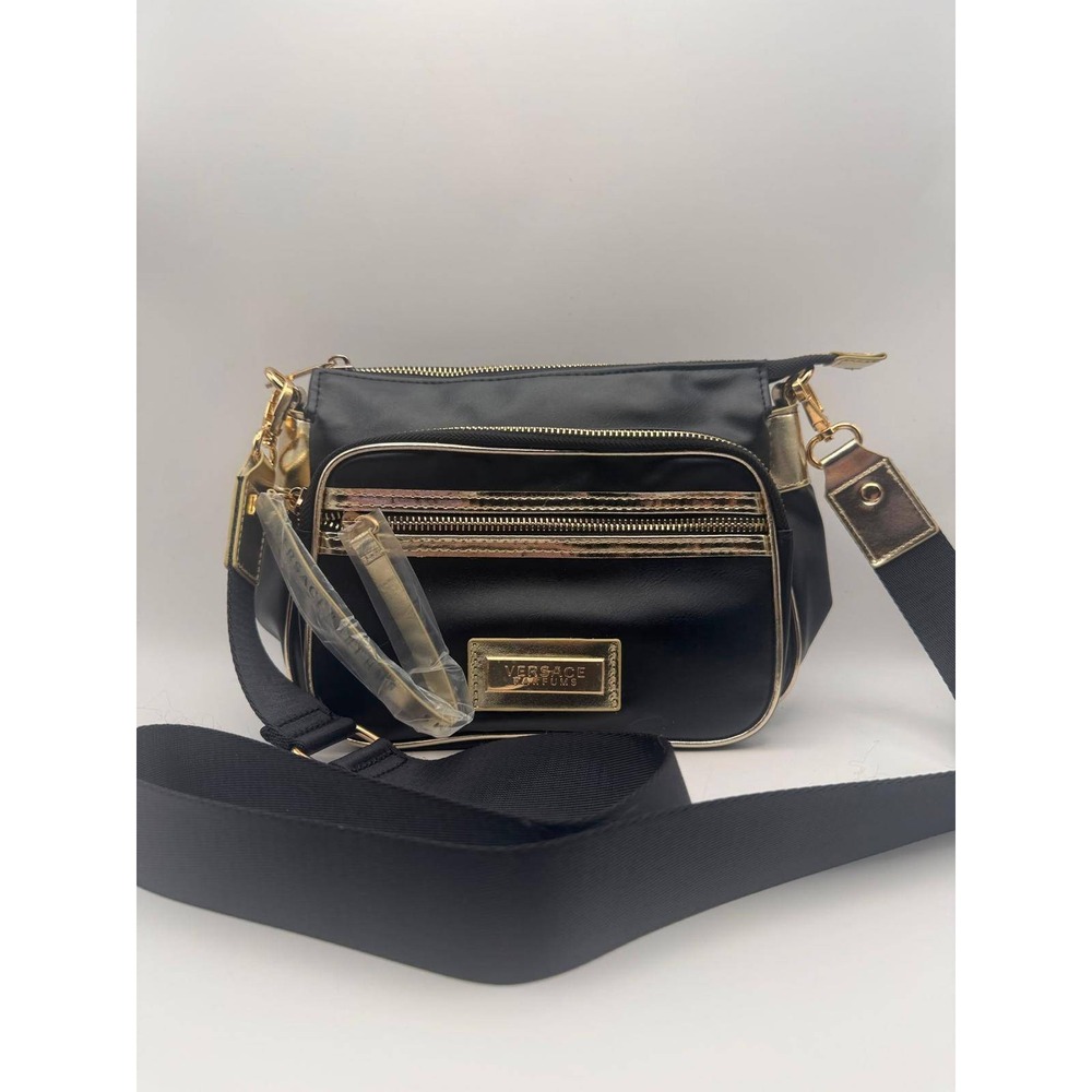 Versace Parfums Crossbody Bag Black Gold Logo Multi Pocket Adjustable Strap
